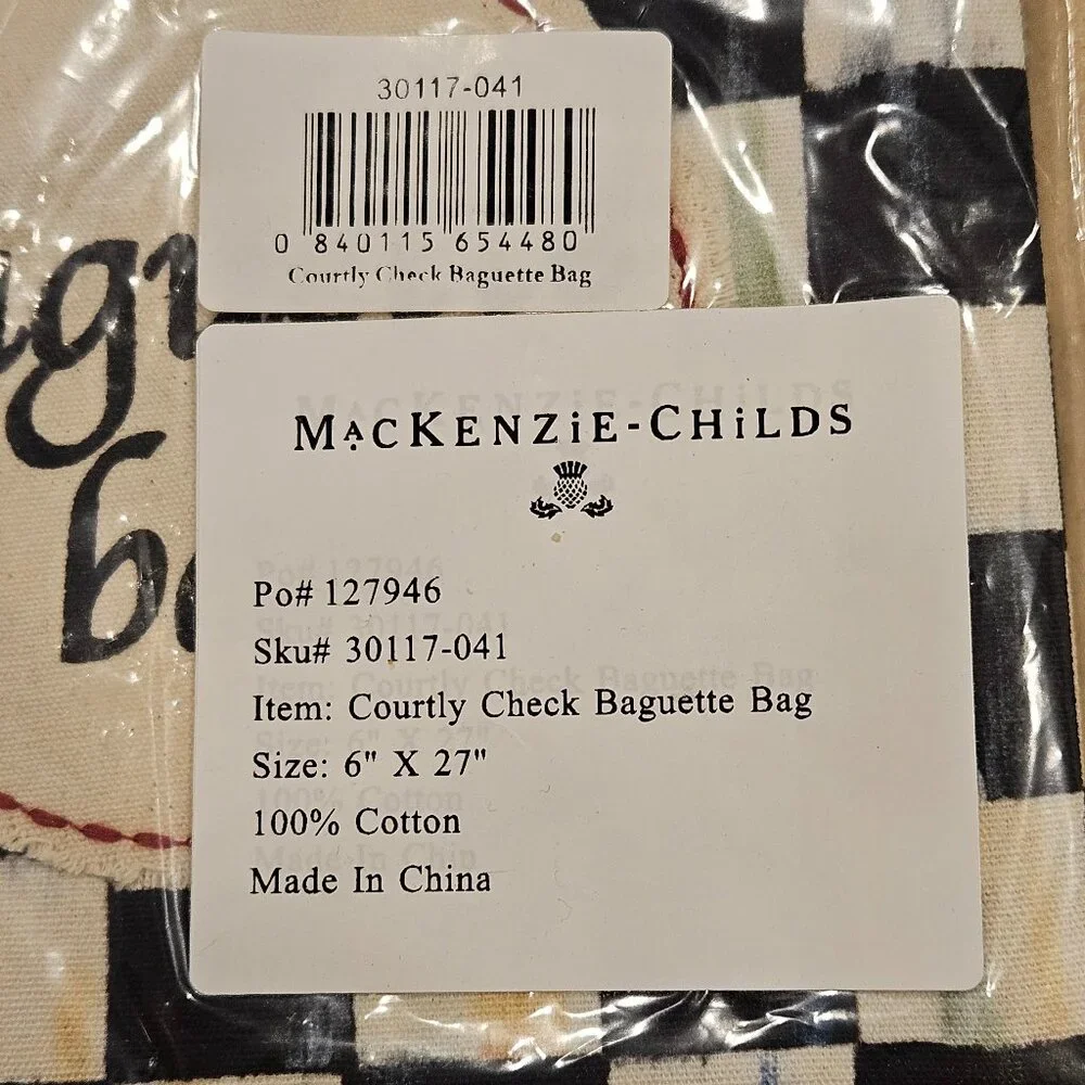 RARE NEW MACKENZIE CHILDS COURTLY CHECK BAGUETTE BREAD STORAGE BAG 100% COTTON